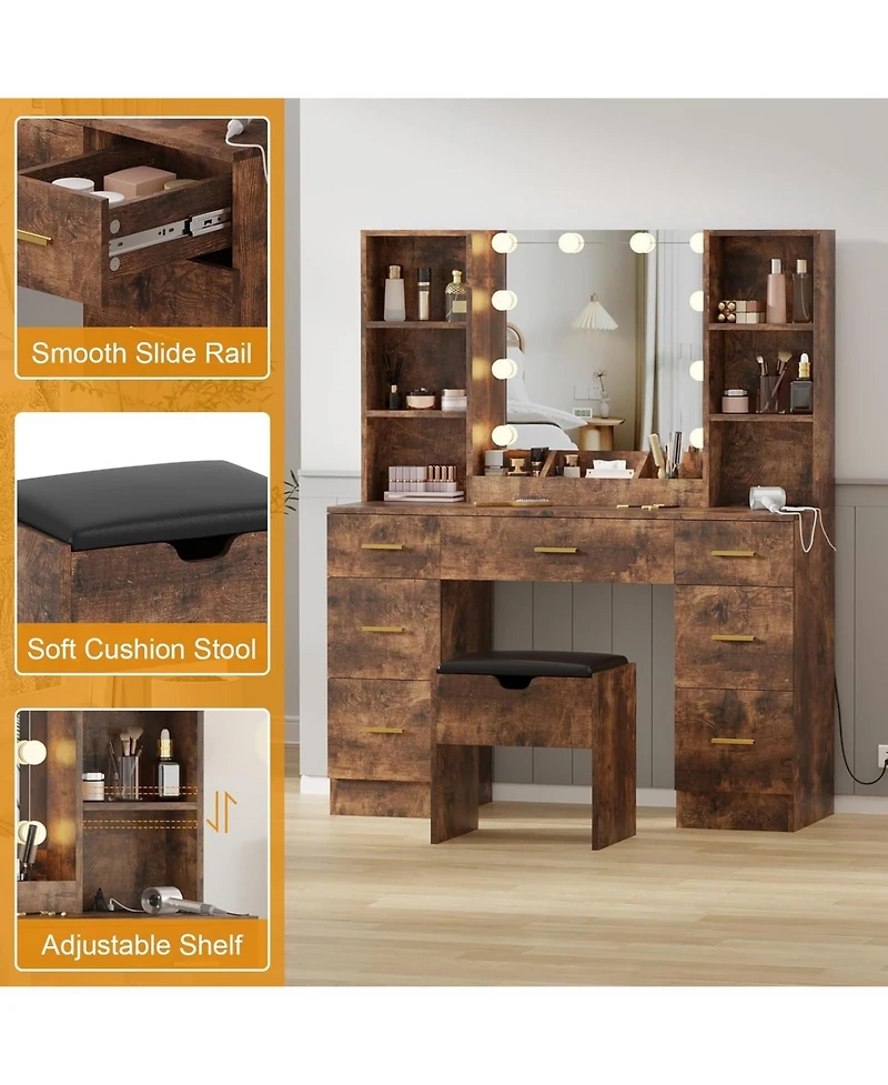 gaomon Makeup Vanity Desk with Lighted Mirror, Large Brown Vanity Table Set, Power Outlet & Usb Ports, Dressing Table with Storage Bench