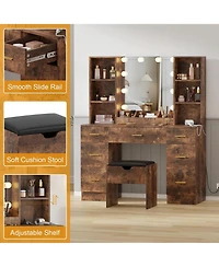 gaomon Makeup Vanity Desk with Lighted Mirror, Large Brown Vanity Table Set, Power Outlet & Usb Ports, Dressing Table with Storage Bench