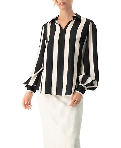 Ivonne Women's Collared Long Sleeve Striped Blouse