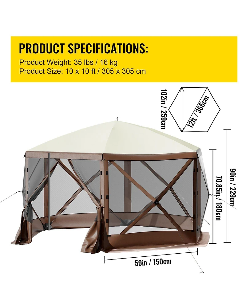 Mecale 10 x 10 ft 6-Sided Pop-Up Gazebo Screen Tent, Mesh Windows, Carry Bag, Ground Stakes, Outdoor Canopy Shelter