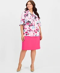 Kasper Plus Printed Short-Sleeve Tie-Neck Top