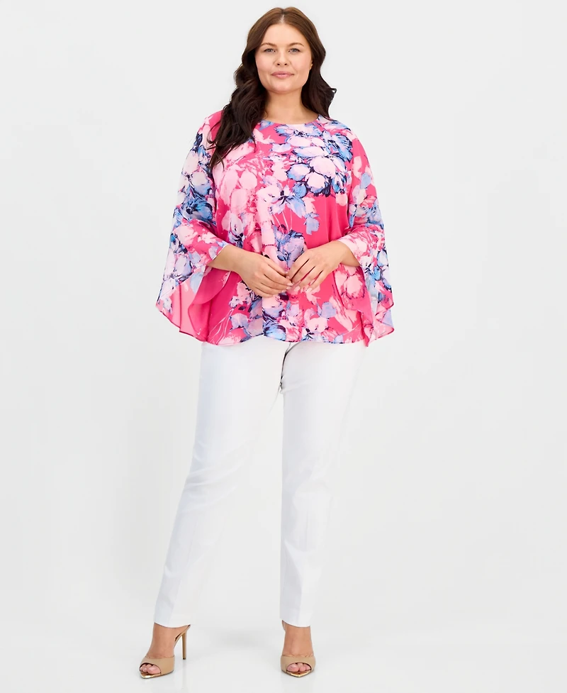 Kasper Plus Printed Ruffled 3/4-Sleeve Top