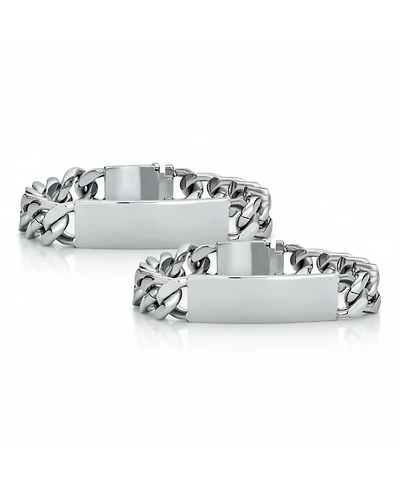 Bling Jewelry Set of 2 Solid Name Bar Plate Identification Id Bracelet Cuban Link Chain Stainless Steel