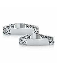 Bling Jewelry Set of 2 Solid Name Bar Plate Identification Id Bracelet Cuban Link Chain Stainless Steel