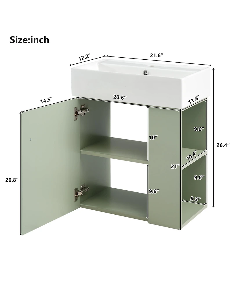 Cesicia 22 in. Modern Floating Bathroom Vanity with Ceramic Basin and Right Side Storage for Small Bathrooms