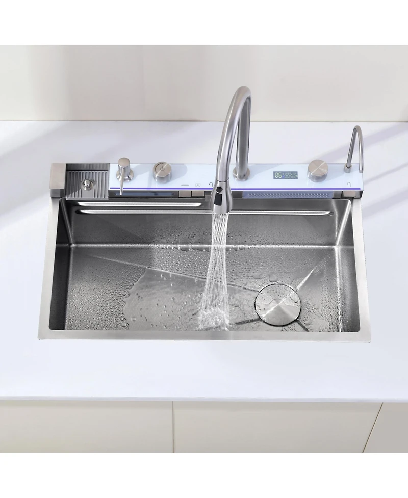 flynama Smart Waterfall Kitchen Sink Single Bowl Pull Out Faucet 304 Stainless Steel