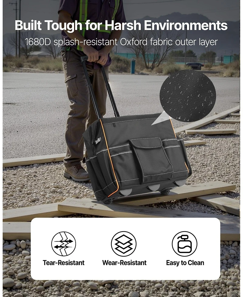 Mecale Rolling Tool Bag on Wheels, 110 lb Capacity, 25 Pockets, Heavy-Duty Tool Organizer with Telescoping Handle & Stable Base