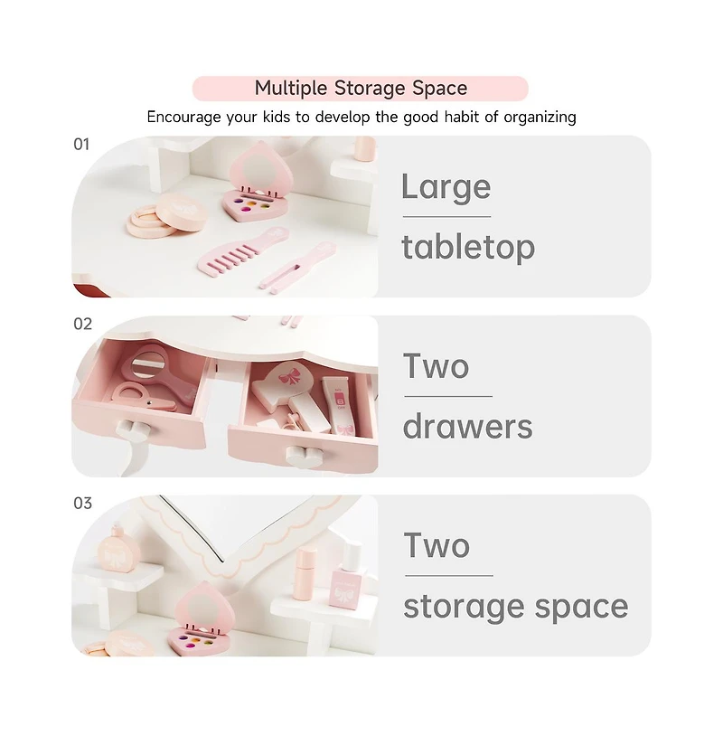 Bruce & Shark Princess Vanity Set for Girls | Kids Makeup Table with Mirror, Stool, Drawers & Pretend Cosmetics