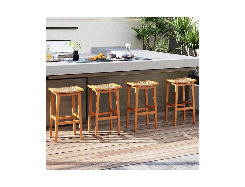Slickblue Set of 2 Outdoor Acacia Wood Bar Stools with Rattan Seats
