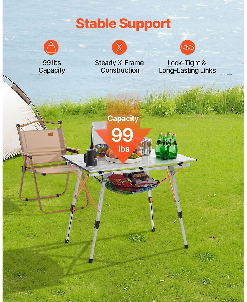 Mecale Roll-Up Folding Camping Table, Adjustable Height Aluminum with Mesh Shelf, Carry Bag