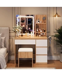 gaomon Makeup Vanity Desk with Lighted Mirror, Dressing Table Set 4 Drawers, Power Outlet, Storage Shelves