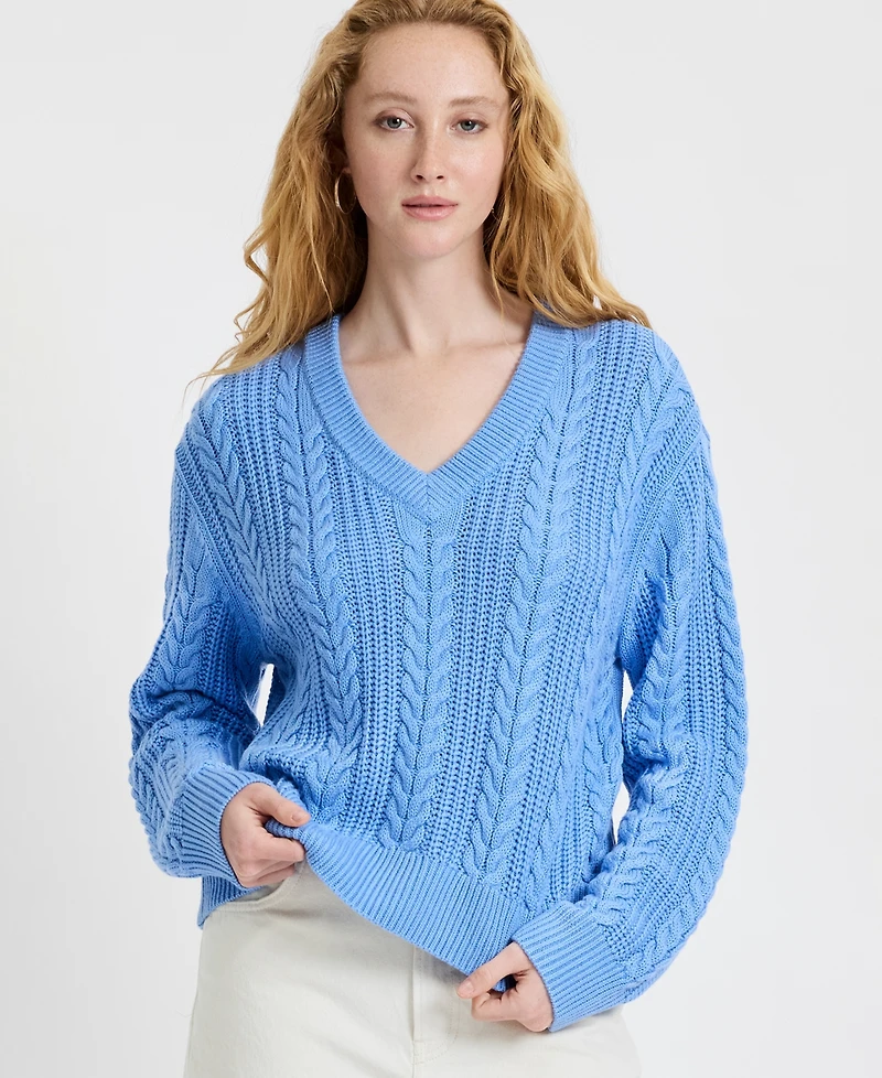 French Connection Women's Ryland Blue Cable Knit V-Neck Sweater