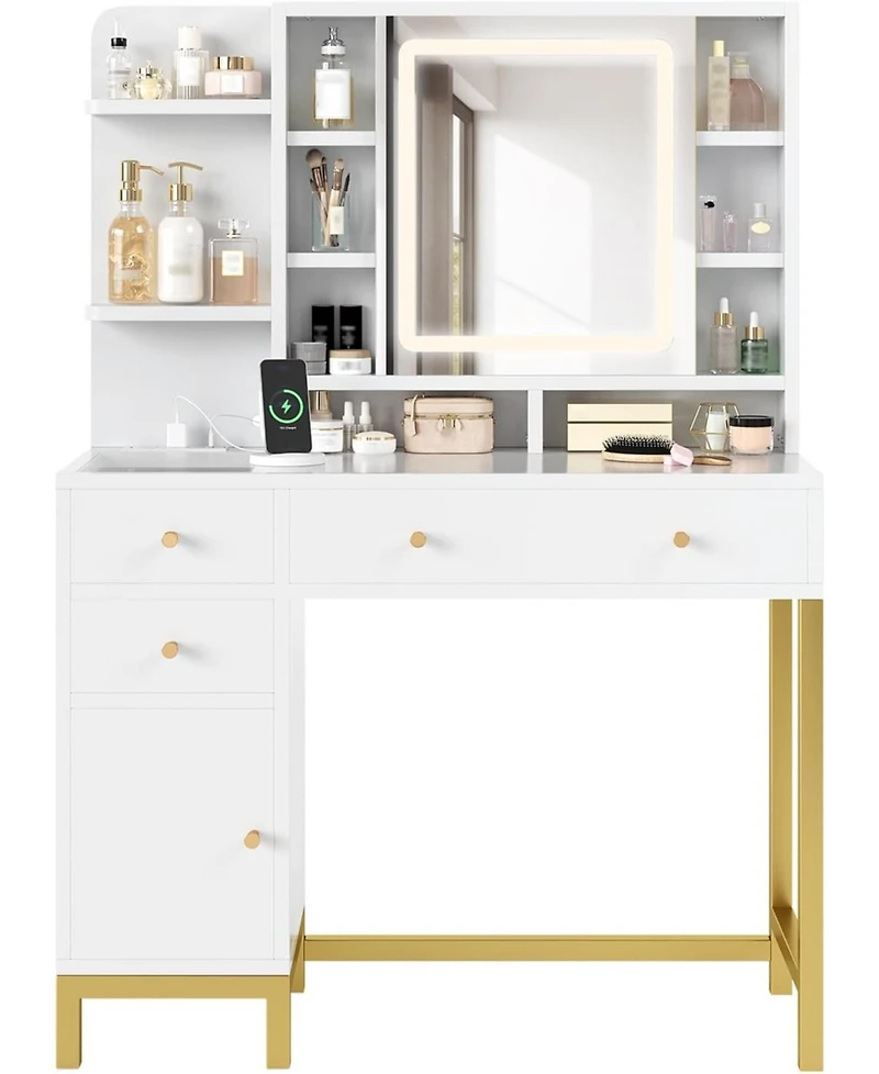White Vanity Desk Mirror and Lights Makeup Desk Dressing Table for Bedrooms, Apartments, Easy to Assemble
