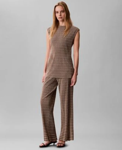 Calvin Klein Womens Plisse Print Boat Neck Tunic Top Plisse Print Wide Leg Pants