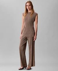 Calvin Klein Womens Plisse Print Boat Neck Tunic Top Plisse Print Wide Leg Pants