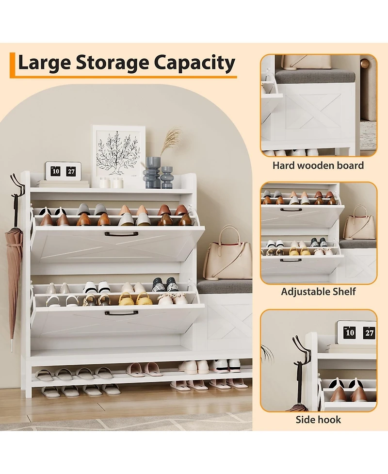 Gaomon 2-Drawer Flip Shoe Cabinet with Bench, Rustic Brown, Hidden Storage & Hooks for Entryway or Living Room.