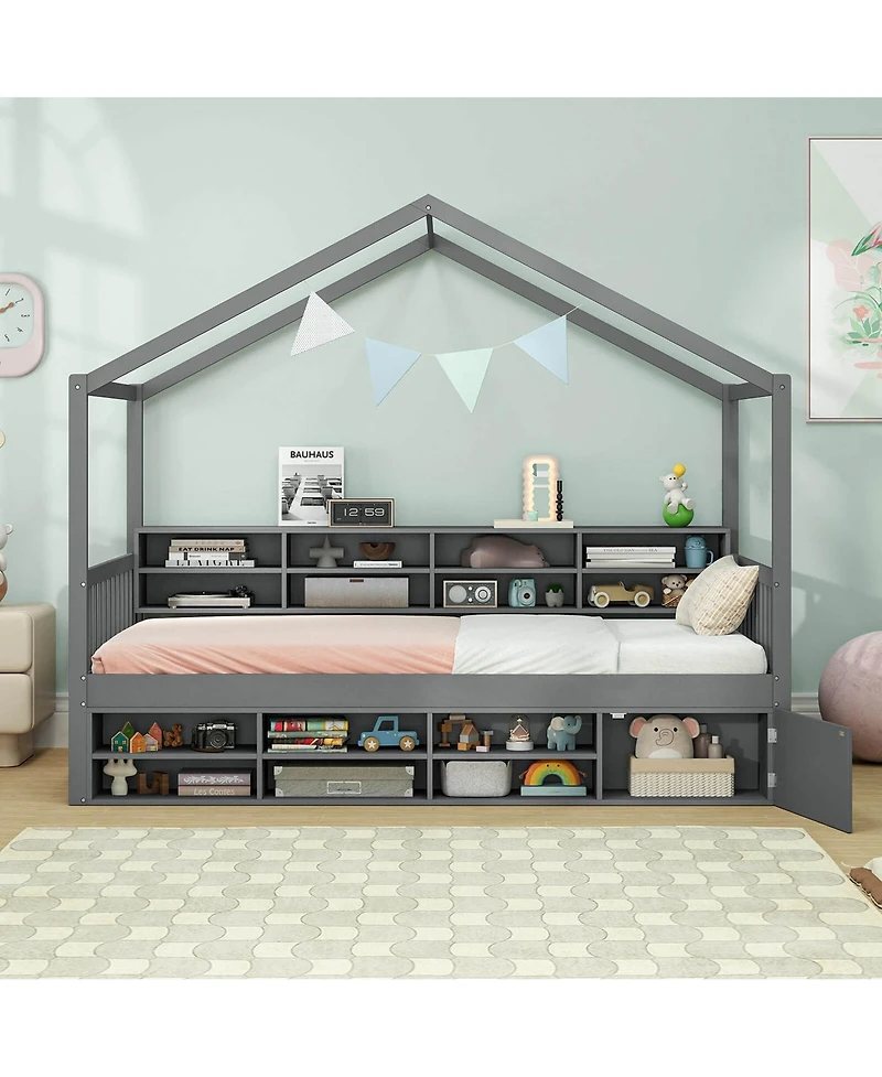 Costway Twin Size House Bed Wooden Platform Bed Frame with Roof & 14 Storage Cubes