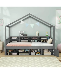 Costway Twin Size House Bed Wooden Platform Bed Frame with Roof & 14 Storage Cubes