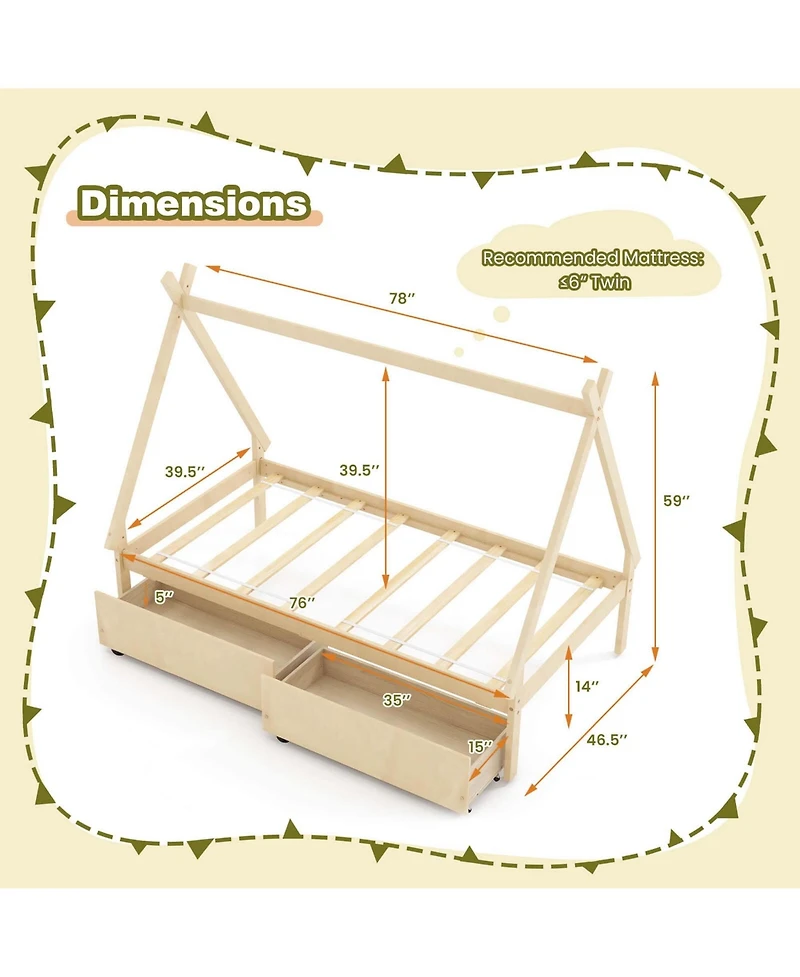 Costway Twin Wooden House Bed with 2 Drawers Roof Storage for Boys & Girls