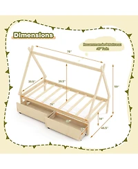 Costway Twin Wooden House Bed with 2 Drawers Roof Storage for Boys & Girls