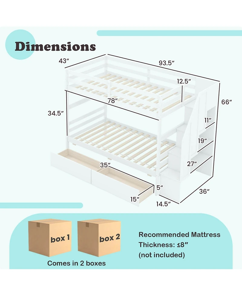 Costway Twin Over Bunk Bed with Storage Stairs & Drawers Full-length Guardrails