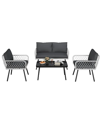 Gaomon Patio Furniture Set, 2 Pe Wicker Chairs with loveseat & Glass Top Coffee Table, Outdoor Couch Set with 5mm Cushions for Balcony