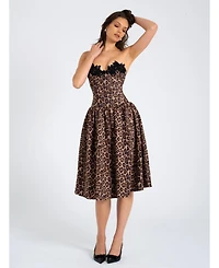 Miss Circle Women Uchenna Cheetah Print Stretchy Strapless Midi Dress with lace trim