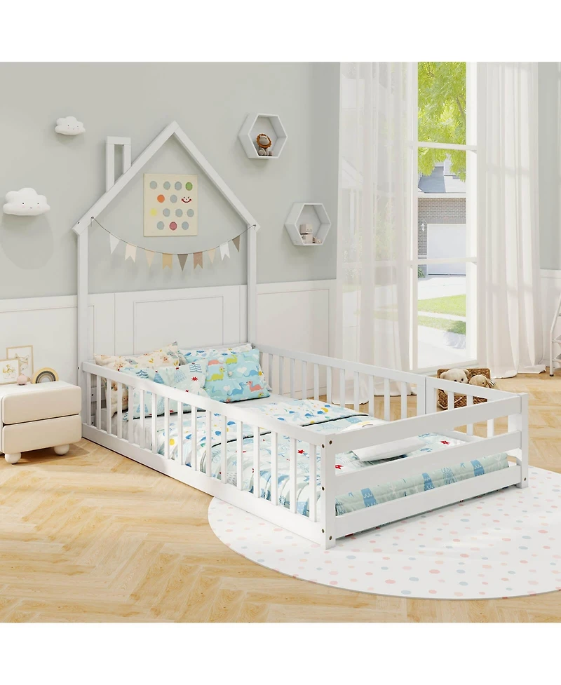 Costway Twin Montessori Floor Bed for Toddler with Lockable Door Full-Length Guardrail