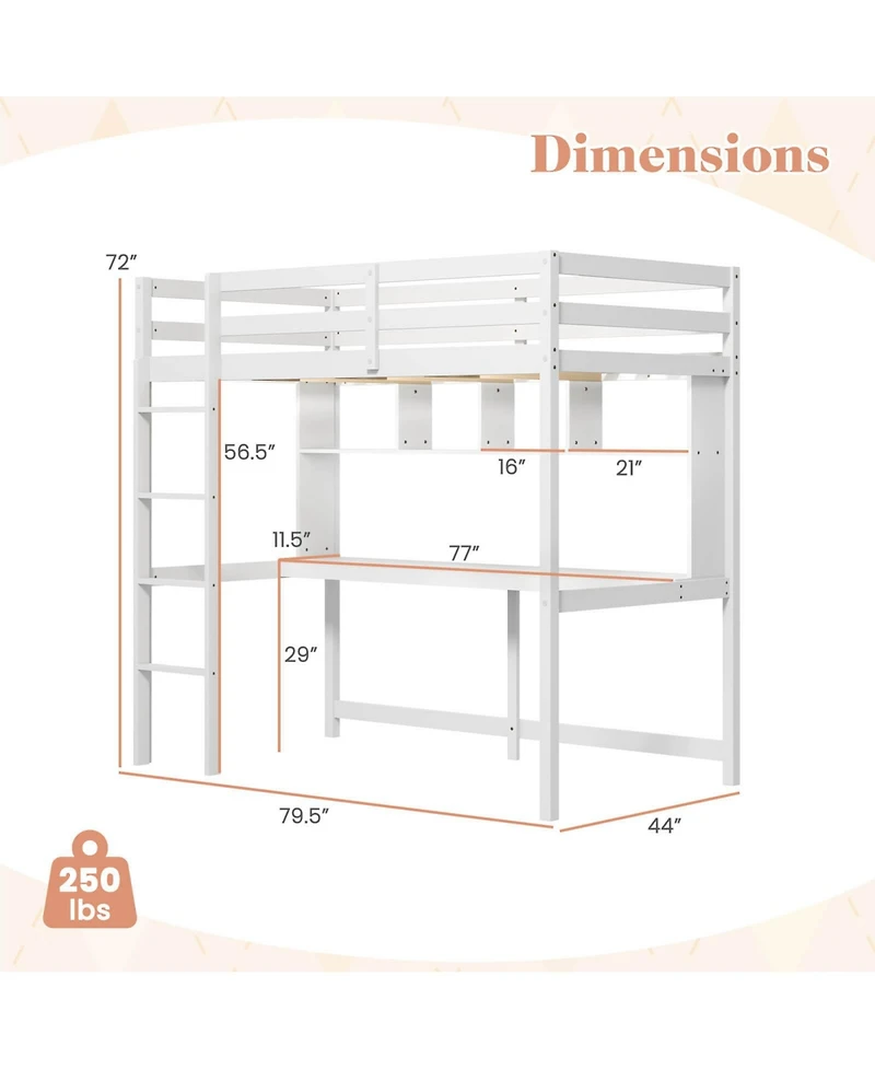Costway Twin Size Loft Bed with Desk & Shelves Safety Guardrails & Ladder Storage