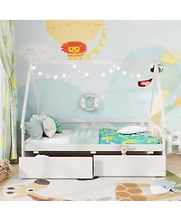 Costway Twin House Bed with Roof Safety Guardrail 2 Storage Drawers Wood Slat Support