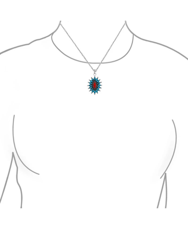 Bling Jewelry Western Navajo Style Red Blue Turquoise Conoch Flower Blossom Necklace .925 Sterling Silver