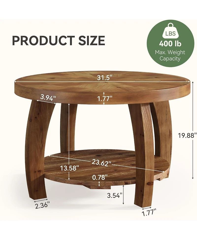 Tribesigns Solid Wood Round Coffee Table, 2-Tier Center Table with Storage, 31.5 Inch Wood Tabletop with Mosaic Pattern, Easy Assembly