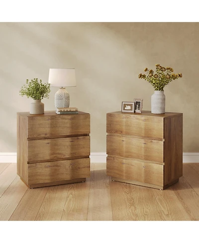 Tribesigns Fluted Nightstand Set of 2, Side Table with 3 Drawers, Farmhouse Bedside Table, Wood Nightstand, Bedroom Dresser, Rustic Wood End Table