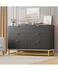 gaomon Black 6-Drawer Modern Double Dresser, Long Bedroom Storage Chest with Gold Handles for Tv Area, Living Room, or Entryway