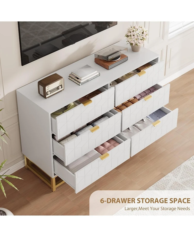 gaomon Black 6-Drawer Modern Double Dresser, Long Bedroom Storage Chest with Gold Handles for Tv Area, Living Room, or Entryway