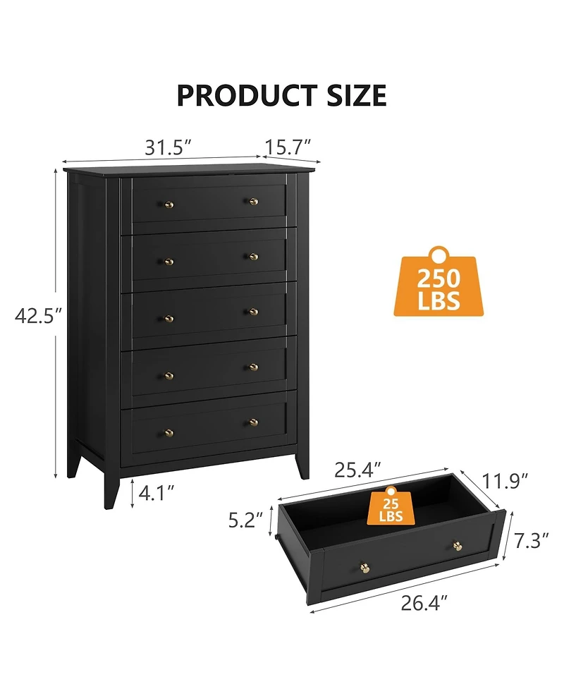 Gaomon 5 Drawer Dresser, Wooden Chest of Drawers for Office