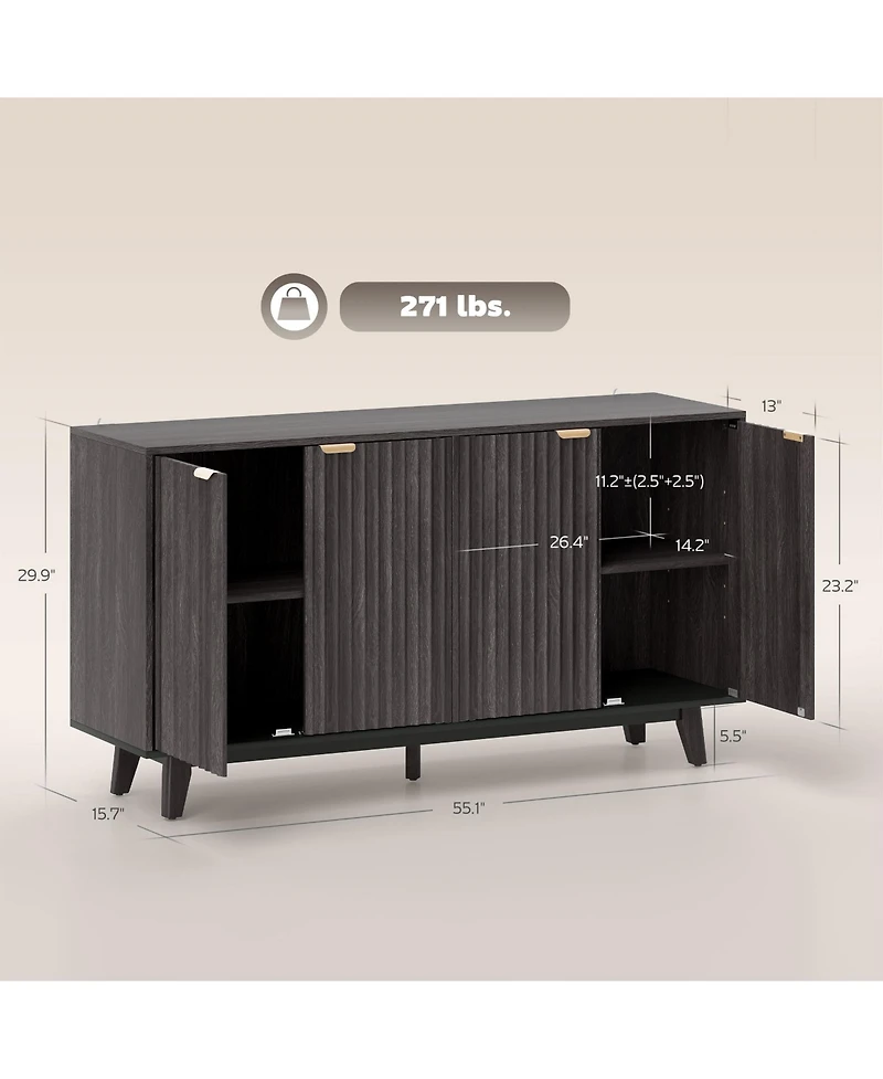 Homcom 55" Modern Sideboard Buffet Cabinet with Fluted Doors Wood Legs