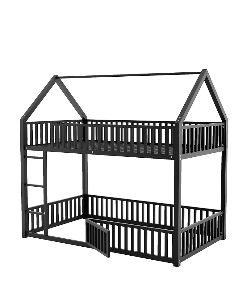 Streamdale Furniture Metal Twin over Twin House Bunk Bed with Fence and Door