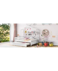 Streamdale Furniture Wooden Full Size House Bed with Twin Size Trundle, Kids Bed with Shelf
