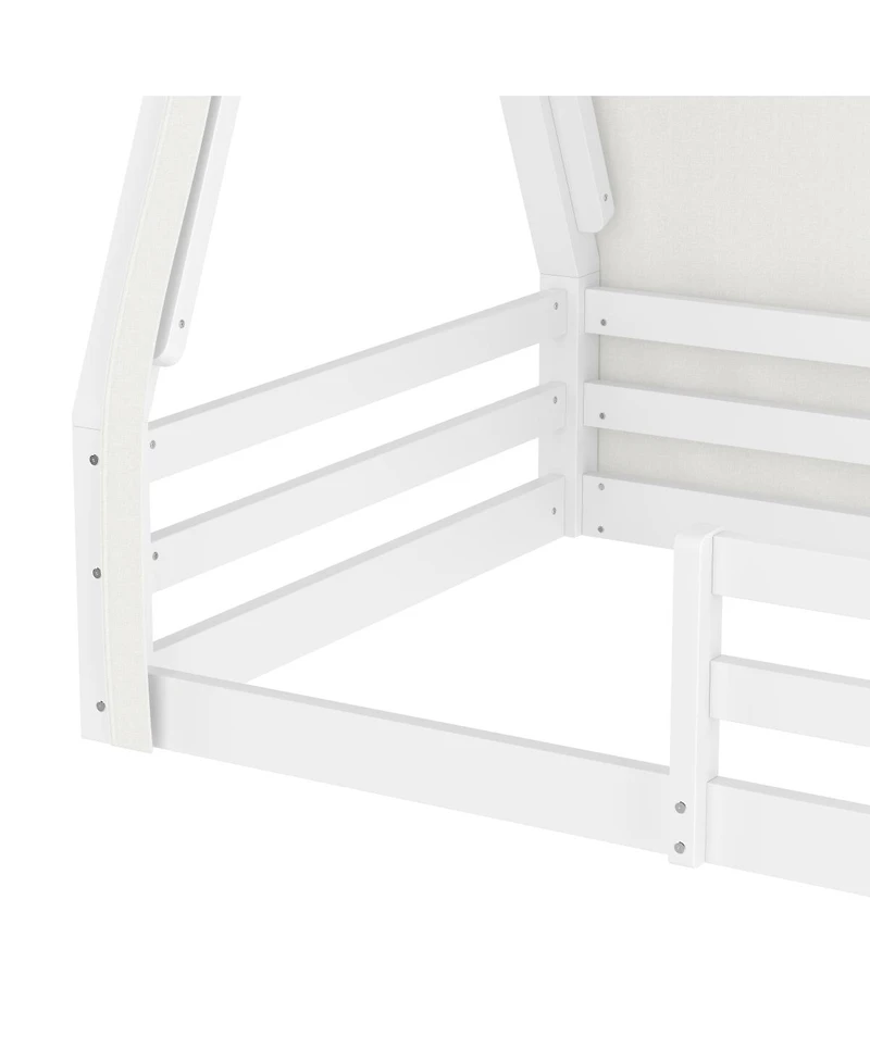 Streamdale Furniture Twin Size House Floor Bed with Tent and Light, Solid Wood Teepee Bed