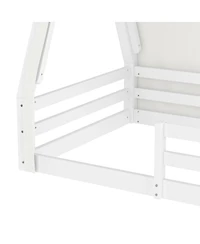 Streamdale Furniture Twin Size House Floor Bed with Tent and Light, Solid Wood Teepee Bed