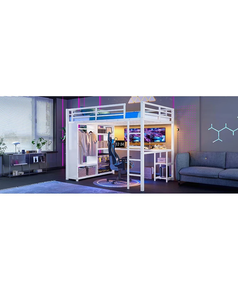 Streamdale Furniture Queen Size Loft Bed Frame with Wardrobe, Desk & Shelves