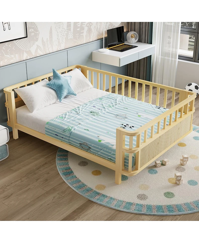Streamdale Furniture Children's double wooden platform bed with railings, suitable for girls and boys