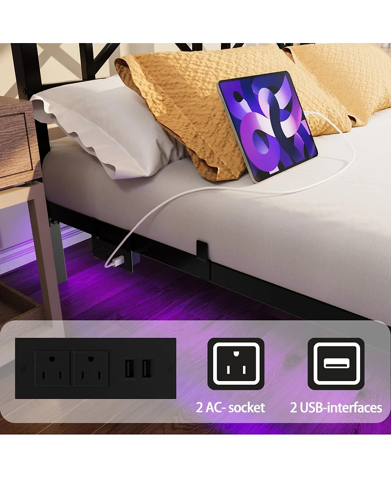 Streamdale Furniture Full Size Floating Bed Frame with Headboard, Usb & Led Lights