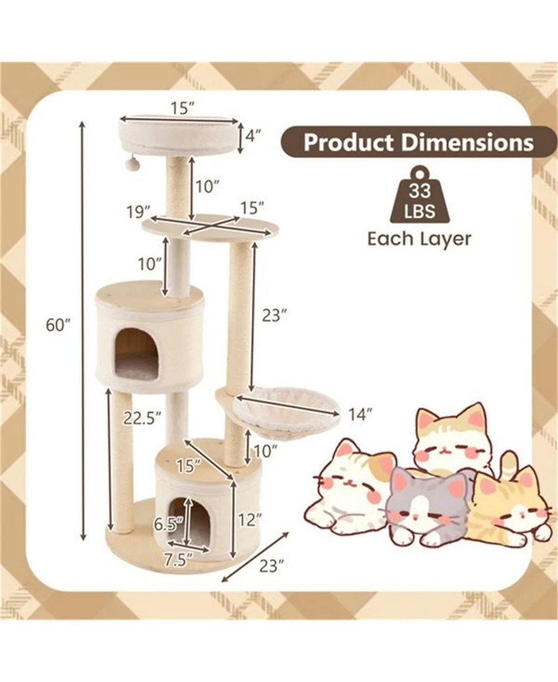 Aostirmotor 60"Tall Wooden Cat Tree with Scratching Posts & Condos