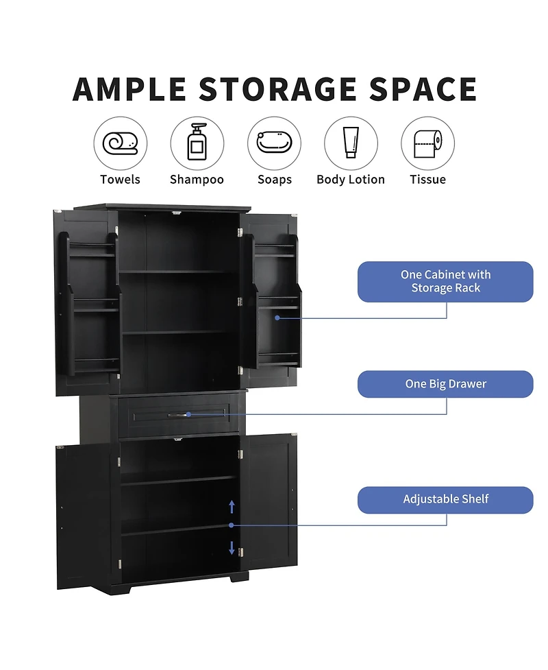 Busdays Bathroom Storage Cabinet with Doors and Drawer, Multiple Storage Space, Adjustable Shelf, Black