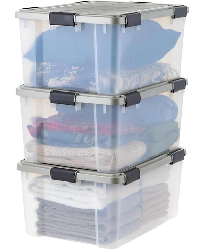 Iris Usa 60 Qt Storage Bins with Gasket Seal Lid, Clear/Chrome, 3Pk