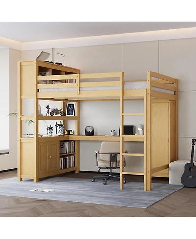 Streamdale Furniture Wood Loft Bed with Cabinet, Bookshelf, Wardrobe & Desk, Queen Size
