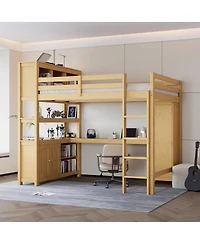 Streamdale Furniture Wood Loft Bed with Cabinet, Bookshelf, Wardrobe & Desk, Queen Size
