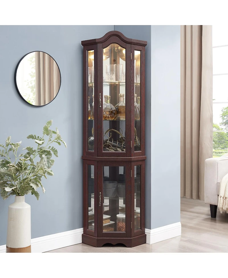 Streamdale Lighted Oak Curio Cabinet with Tempered Glass Doors & Shelves - Dark Cherry